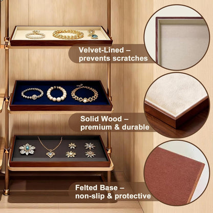 Large Solid Wood Jewelry Watch Tray, Velvet Jewelry Board Display Trays for Key Wallet Ring，Stackable Wooden Jewelry Drawer Organizer Showcase Jewelry Holder(Royal Blue)