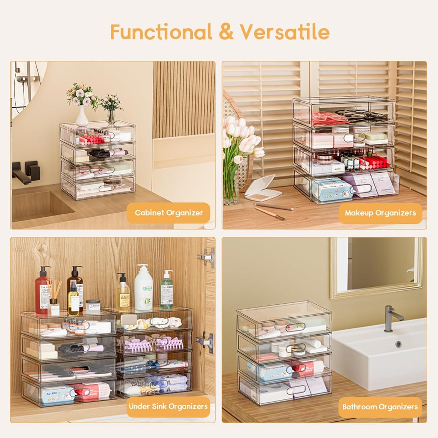 Clear Stackable Makeup Organizer with Drawer, 12''W Acrylic Storage Drawers, Cosmetic Display Case for Vanity Bathroom Countertop, Beauty Holder for Lipstick Brush Skincare Perfume