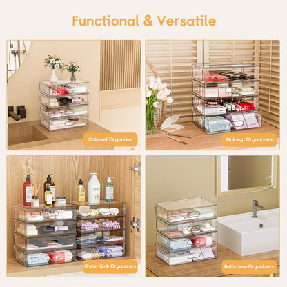 Clear Stackable Makeup Organizer with Drawer, 12''W Acrylic Storage Drawers, Cosmetic Display Case for Vanity Bathroom Countertop, Beauty Holder for Lipstick Brush Skincare Perfume