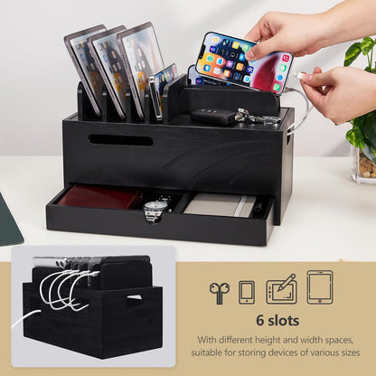 Homde Natural Bamboo Charging Station Rack for Multiple Devices Cable Cord Management Box Organizer Holder with 6 Slots Drawer for Chargers Phones Tablets Watches Electronics (Natural)