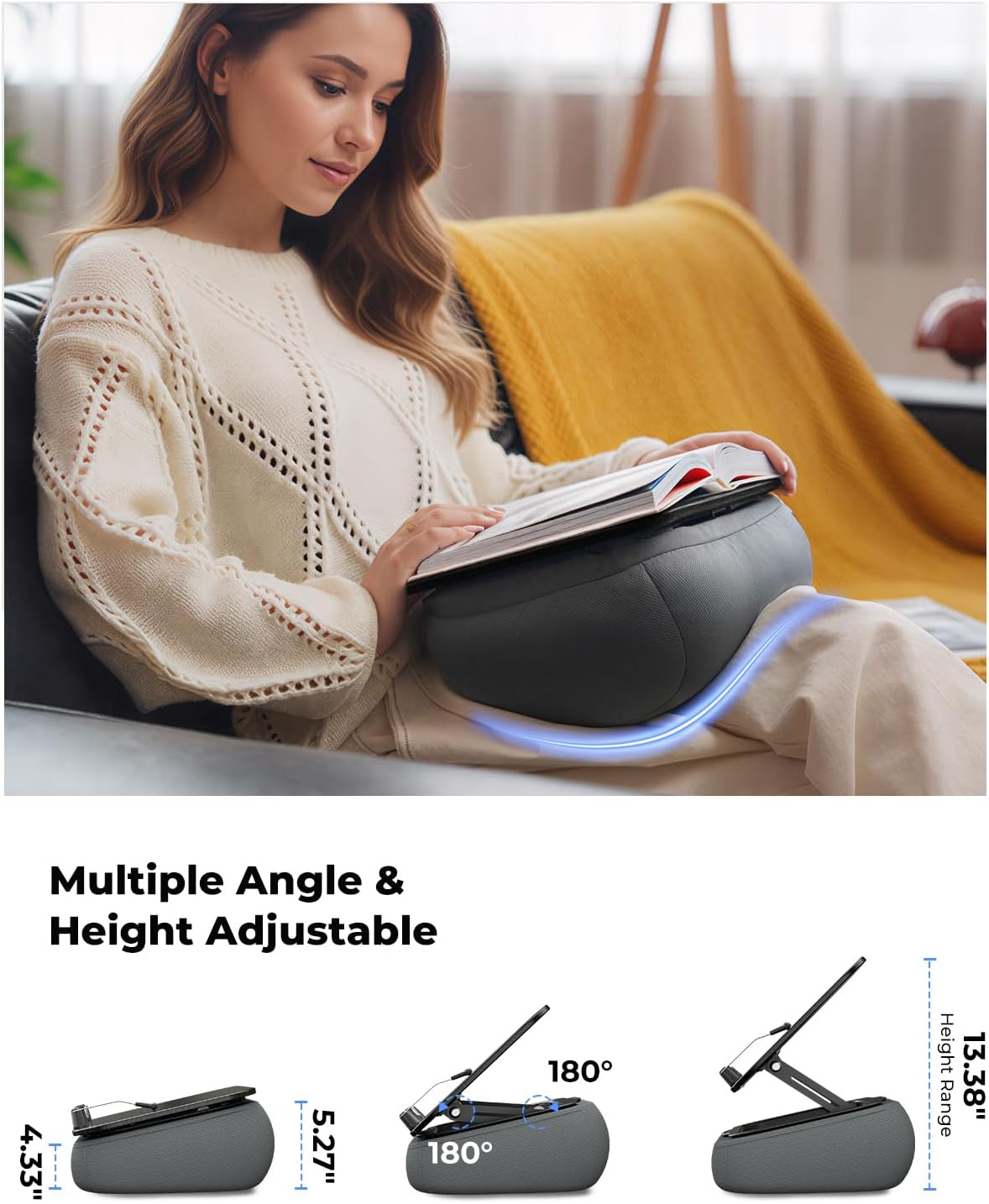 Viozon Lap Book Pillow Stand with Storage, Adjustable Beanbag Reading Pillow with Dark Wood Panel, Multi-Angle Book Holder for Hands-Free Reading in Bed or Sofa,Book Lover Essential,Soft Cushion, B