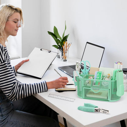 17 in1 Silvery Desk Organizers and Accessories Set, 3 Office Desk Supplies Storage Organization, 4 Pens, Stapler, Staples & Remover, Tape & Dispenser, Scissors, Ruler, Clips, Hole Punch Back to School