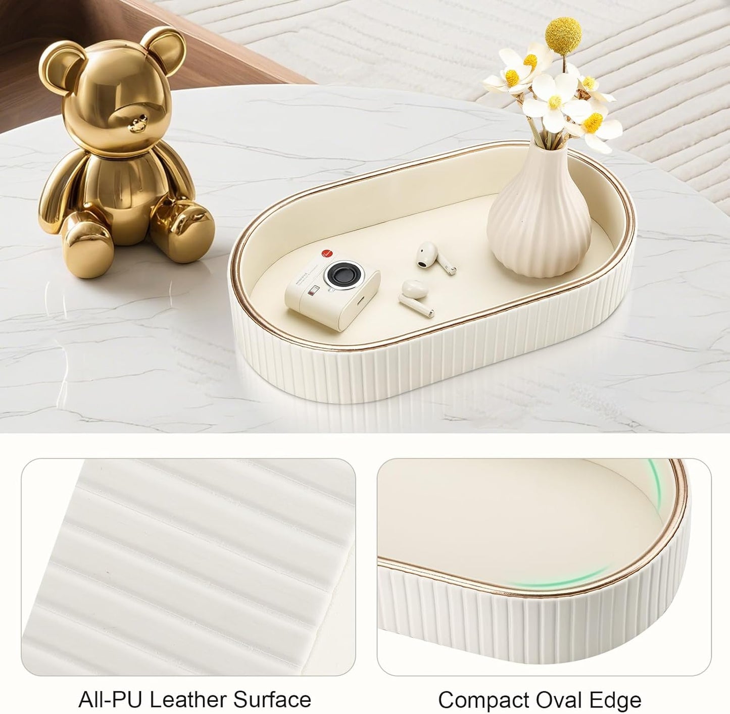 GORESE PU Leather Perfume Tray Nightstand Organizer, Small Oval Desk Tray Jewelry Trinket Trays Valet Organizer Key Bowl for Entryway Dresser Bathroom, Catchall Trays for Men Women, 11×5.9 in, Beige