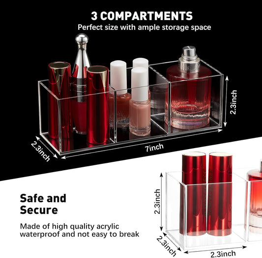 Epakh 2 Pieces Acrylic Cube Organizer 3 Compartments Clear Acrylic Pencil Holder Makeup Brush Drawer Organizer for Desk, Office, Vanity