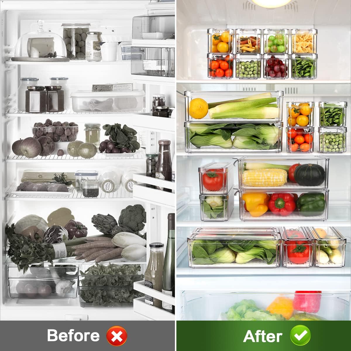 ZIJUND 4 Pack Fridge Organizer, Stackable Refrigerator Organizer Bins with Lids, BPA-Free Fridge Organizers and Storage Containers for Fruit, Vegetable, Food, Drinks, Cereals, Clear