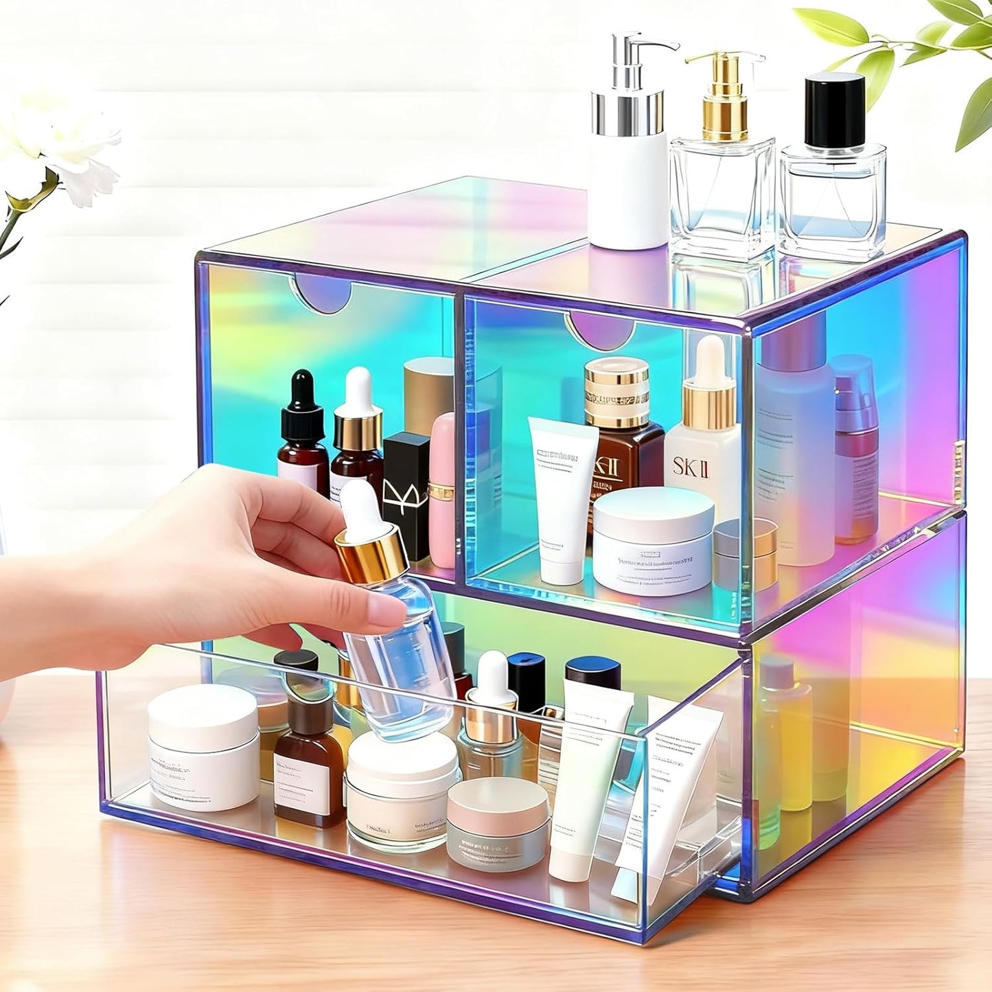 Gelite Desk Organizer with 3 Storage Drawers for Makeup Office Acrylic Desktop Drawer Organizer for Vanity Office Organization and Storage Box, Neon Pink