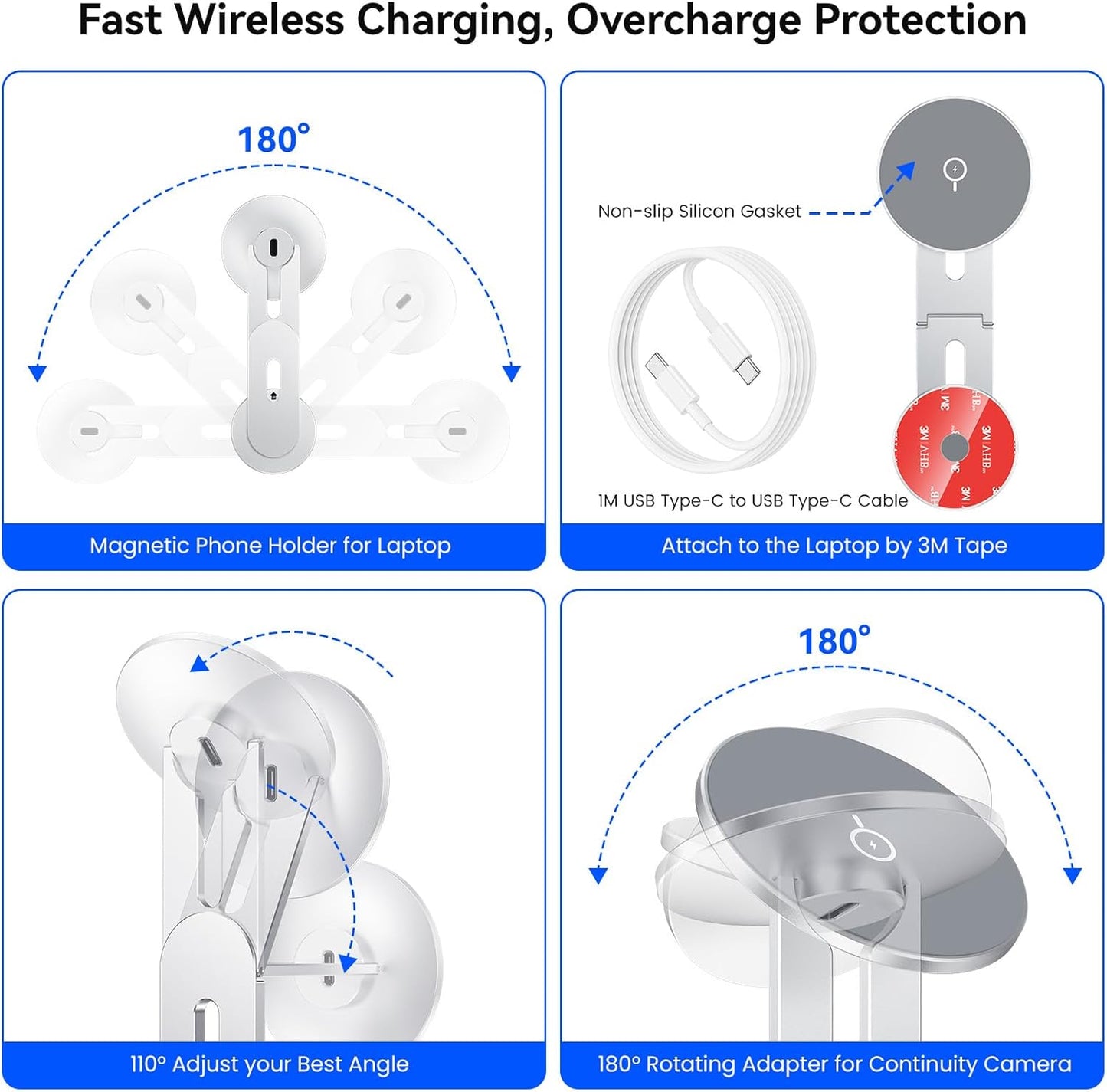 Laptop Phone Holder, Magnetic Phone Stand 15W Fast Wireless Charger for MagSafe for iPhone 17/16/15/14/13/12 & All Phones for Tesla (Black)