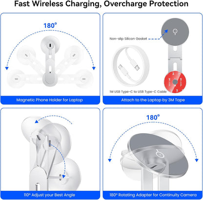 Laptop Phone Holder, Magnetic Phone Stand 15W Fast Wireless Charger for MagSafe for iPhone 17/16/15/14/13/12 & All Phones for Tesla (Black)