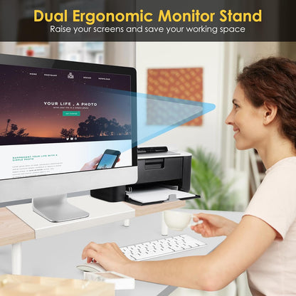 Across-Star Dual-Monitor-Stand-Riser-For-Desk Adjustable Length 32-40 Inch，Large Desktop Computer Monitor Riser For 2 Screens，Desk Shelf Organizer Riser Stand For Computer/Laptop/PC/Printer/TV Black