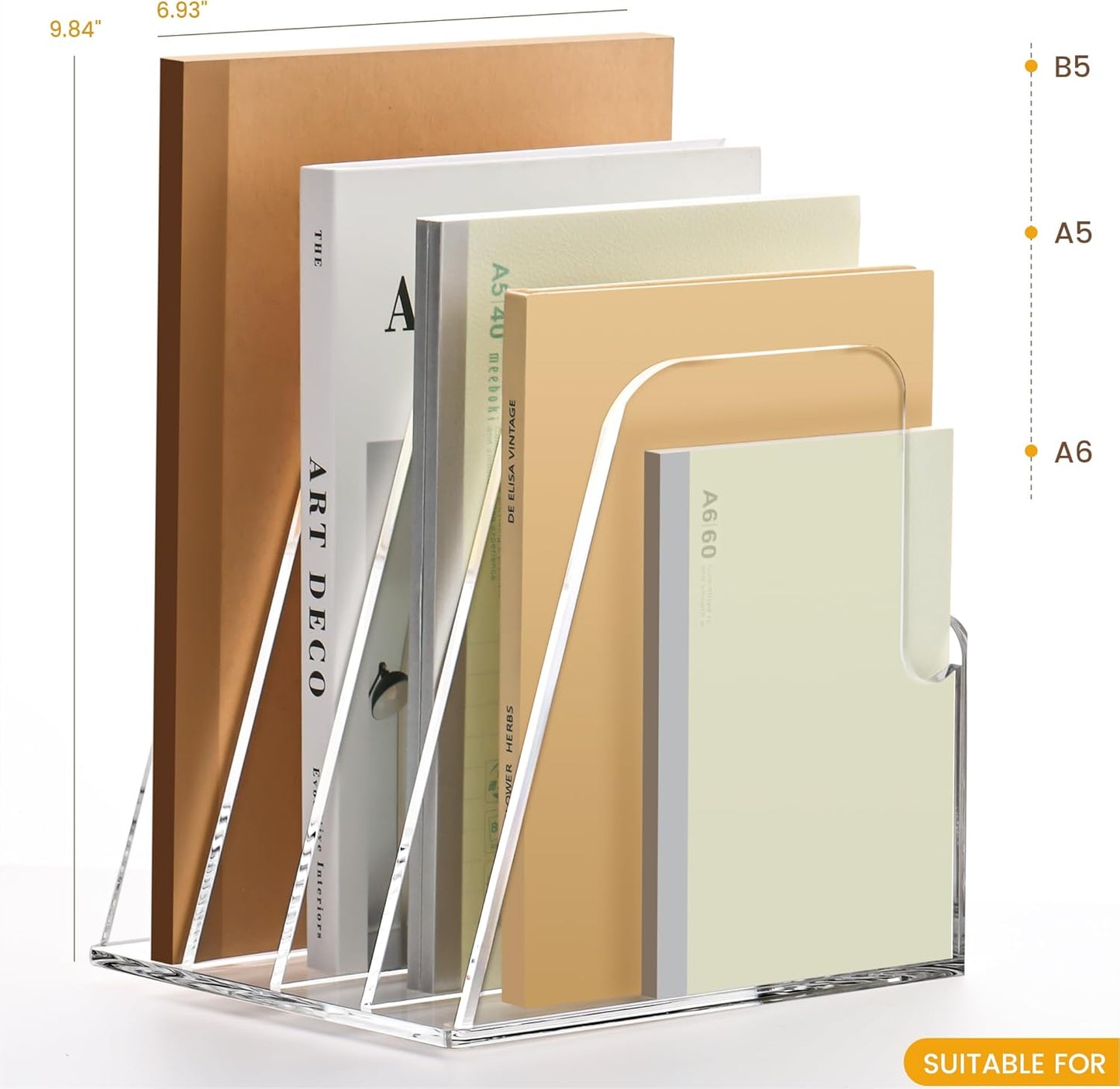 YUXUN Acrylic Magazine Holder,Clear Desk Organizer File Sorter for Notebook,Paper,Envelope,Magazine, Book Storage-Office/Home/Classroom Organization(4 Compartments,B5)