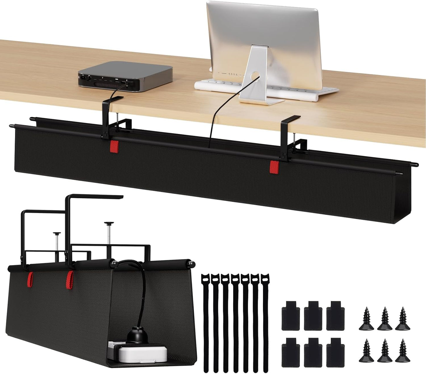 Under Desk Cable Management Tray - 36" Cord Organizer for Desk No Drill, Fabric Under Table Wire Organizer with 16X Cable Ties Hide for Office/Home, Cord Hider Fits Adapters & Sockets, White