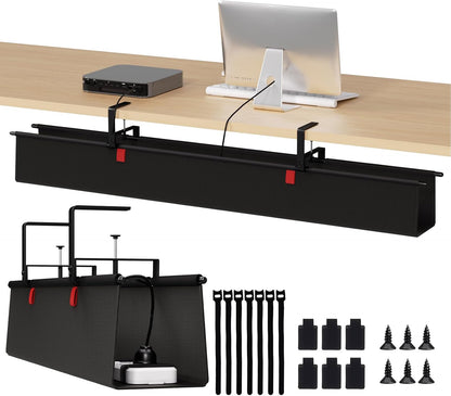 Under Desk Cable Management Tray - 36" Cord Organizer for Desk No Drill, Fabric Under Table Wire Organizer with 16X Cable Ties Hide for Office/Home, Cord Hider Fits Adapters & Sockets, White