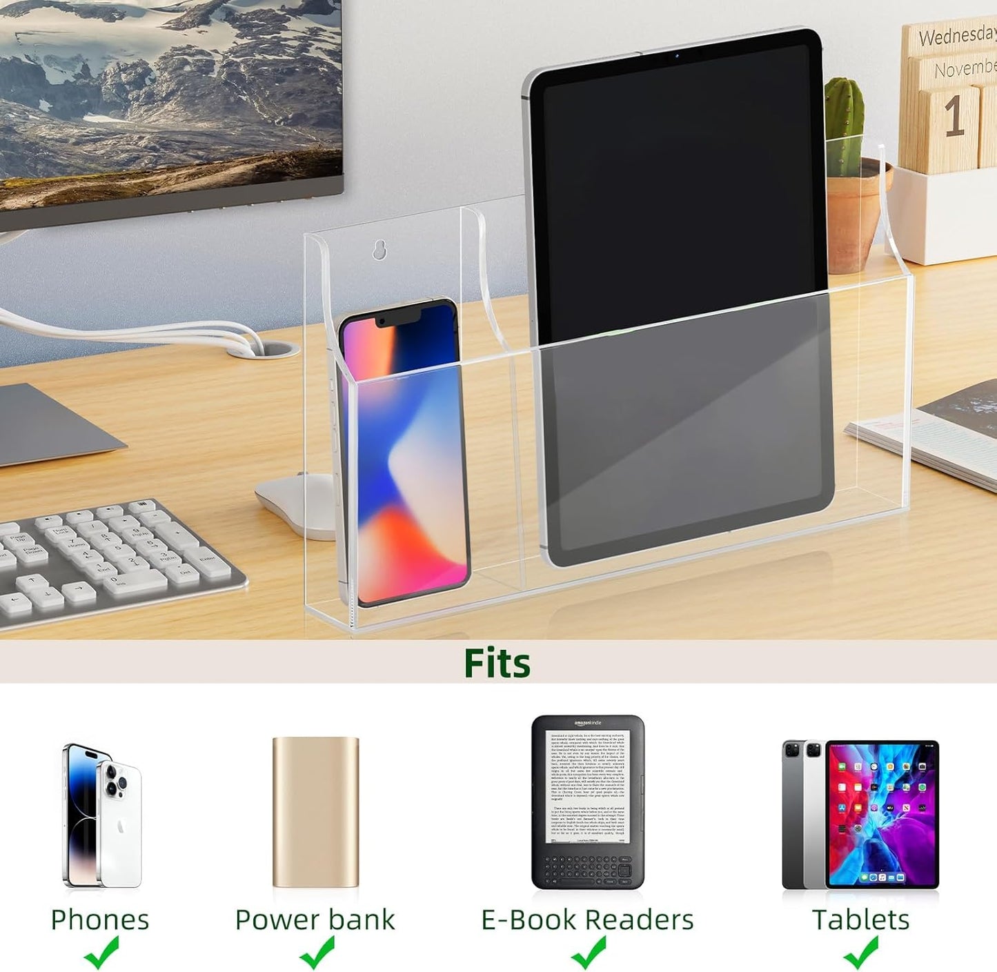 VANCORE Clear Wall Mounted Phone Holder Acrylic Remote Control Holder Media Organizer Caddy with Holes for Charging Phone Tablet Holder (Two Compartments)