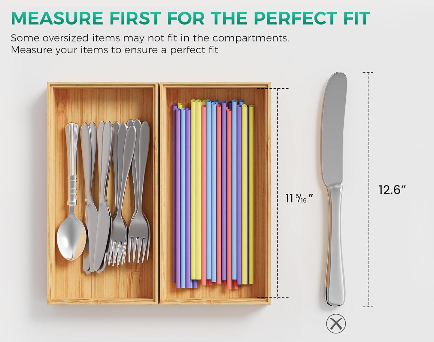 Bamboo Kitchen Drawer Organizer Set of 2, Stackable 15" x 6" Wood Silverware Utensil Tray for Drawers Bins, Cutlery & Flatware Storage – Wooden Boxes Organizers for Junk Drawer, Bathroom, RV
