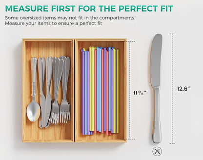 Bamboo Kitchen Drawer Organizer Set of 2, Stackable 15" x 6" Wood Silverware Utensil Tray for Drawers Bins, Cutlery & Flatware Storage – Wooden Boxes Organizers for Junk Drawer, Bathroom, RV