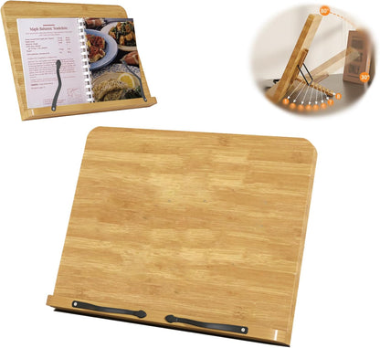 Recipe Book Holder,Cookbook Stand Wood Cookbook Holder for Kitchen, Adjustable Angle and Page Paper Clips,Magazine Holder for Desk, Laptop Stand, Tabletop Easel (Wood, S(11'' x 7.9''))