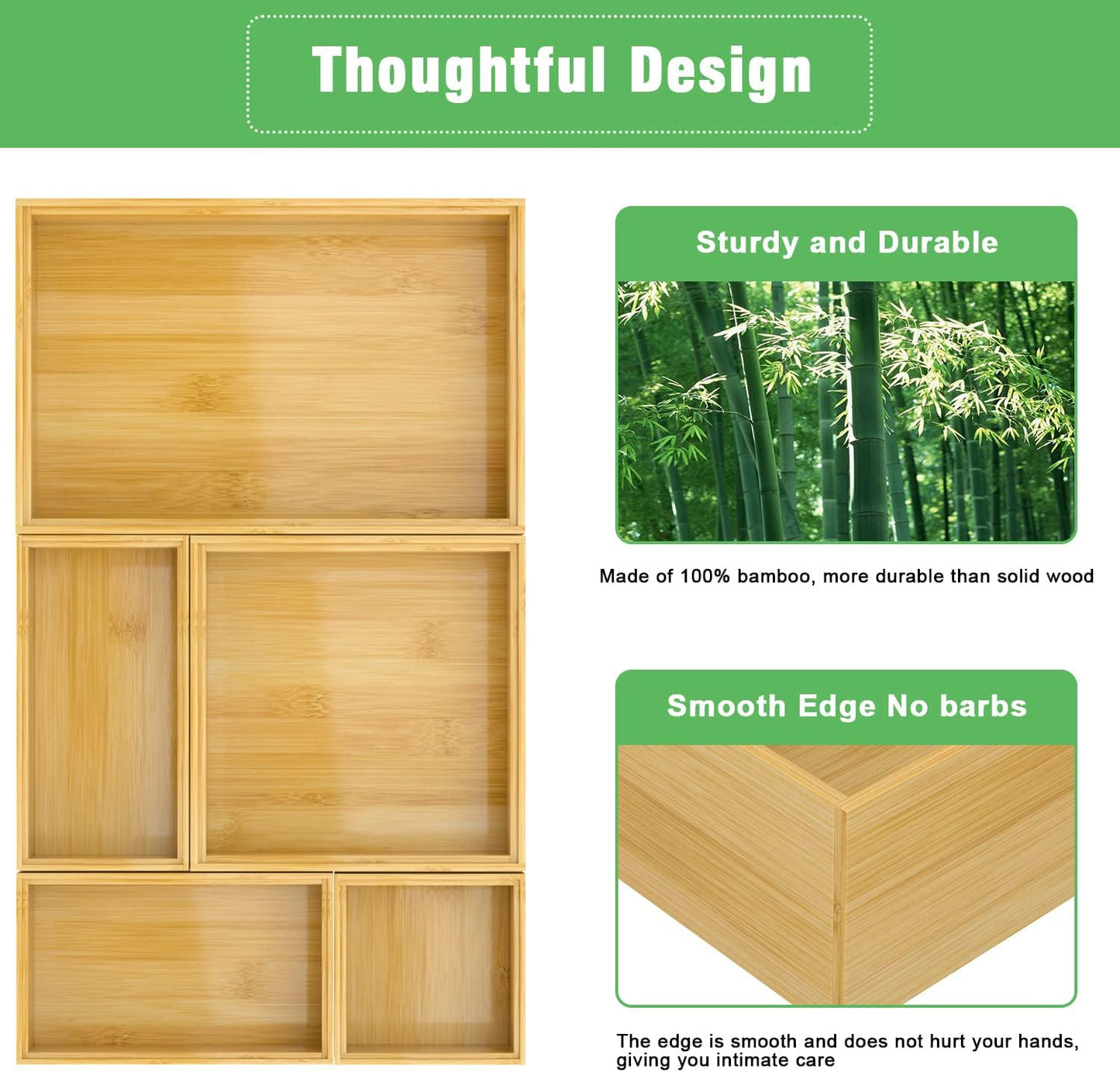 Bamboo Bathroom Drawer Organizer Dividers, Wooden Kitchen Utensil Holder Set of 5, Stackable Junk Drawer Organizer Tray, Multi-Use Storage Bins Boxs for Home, Office, Clothing, Makeup, Jewelry