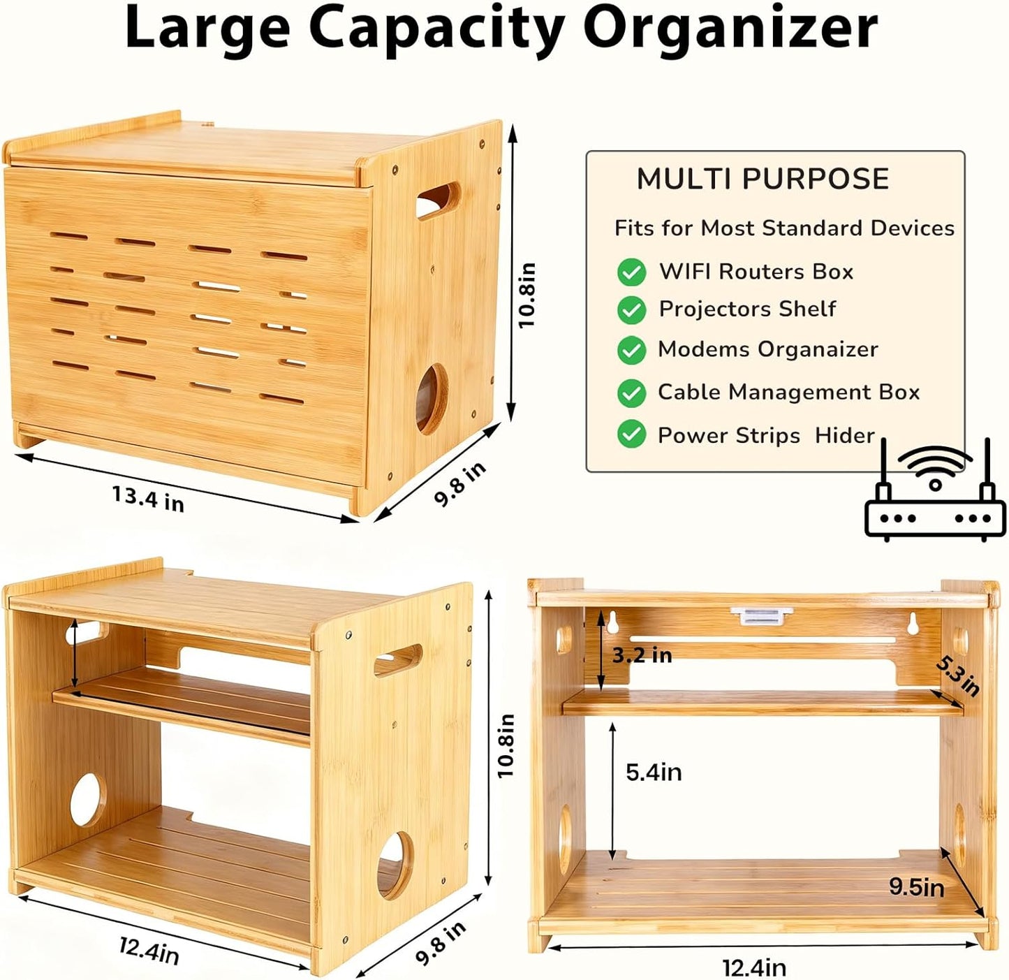 Fullin Upgrade WiFi Router Storage Box Hider, Large Capacity Projector Shelf, Wall Mount or Desktop Cable Management Box, Bamboo Modem Organizer Power Strip Hider Rack Need Assembly