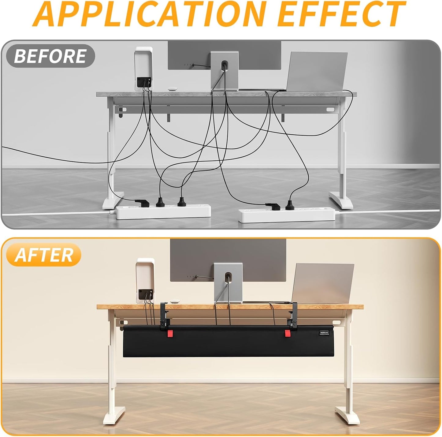 Under Desk Cable Management Tray with Clamp, No Drill 36" Cord Organizer for Desk, Desk Cable Management Fabric Tray for Standing Desks, Ideal for Home & Office - White