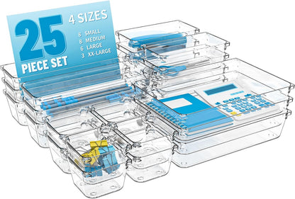 7 Pack Clear Plastic Drawer Organizer Set,4 Sizes Bathroom Drawer Organizers and Storage Bins,Vanity Drawer Organizer for Makeup,Cosmetics,Jewelry,Utensils,Gadgets,Office In Drawer Organizers Trays