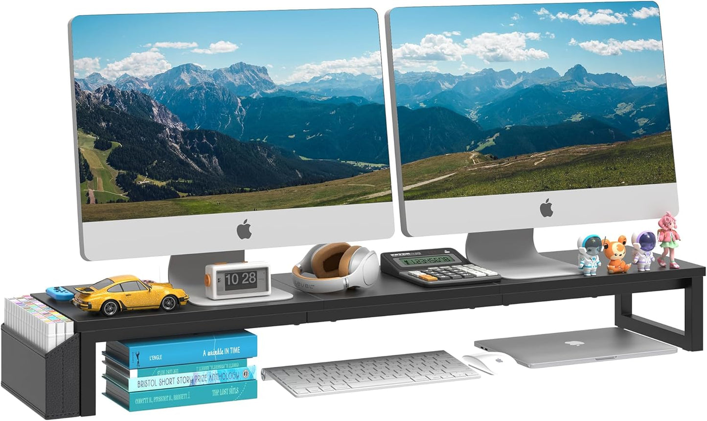 LAND·VOI Heavy Duty Dual Monitor Stand, Holds 2 Screens Up to 27 Inches, Adjustable Length and Angle Monitor Riser, Desk Organizer with Side Pockets and Drawers, Home Office Desk Storage, Rustic Brown