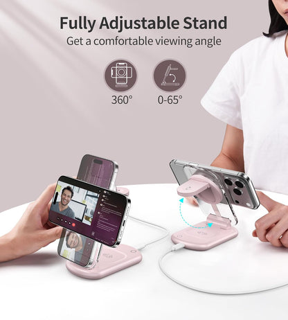 3 in 1 Magnetic Wireless Charging Station for Apple Devices, Fast Foldable Travel Mag-Safe Charger Stand with Night Light for iPhone 17 16 15 14 13 12 Series, Apple Watch/AirPods Pro, BU