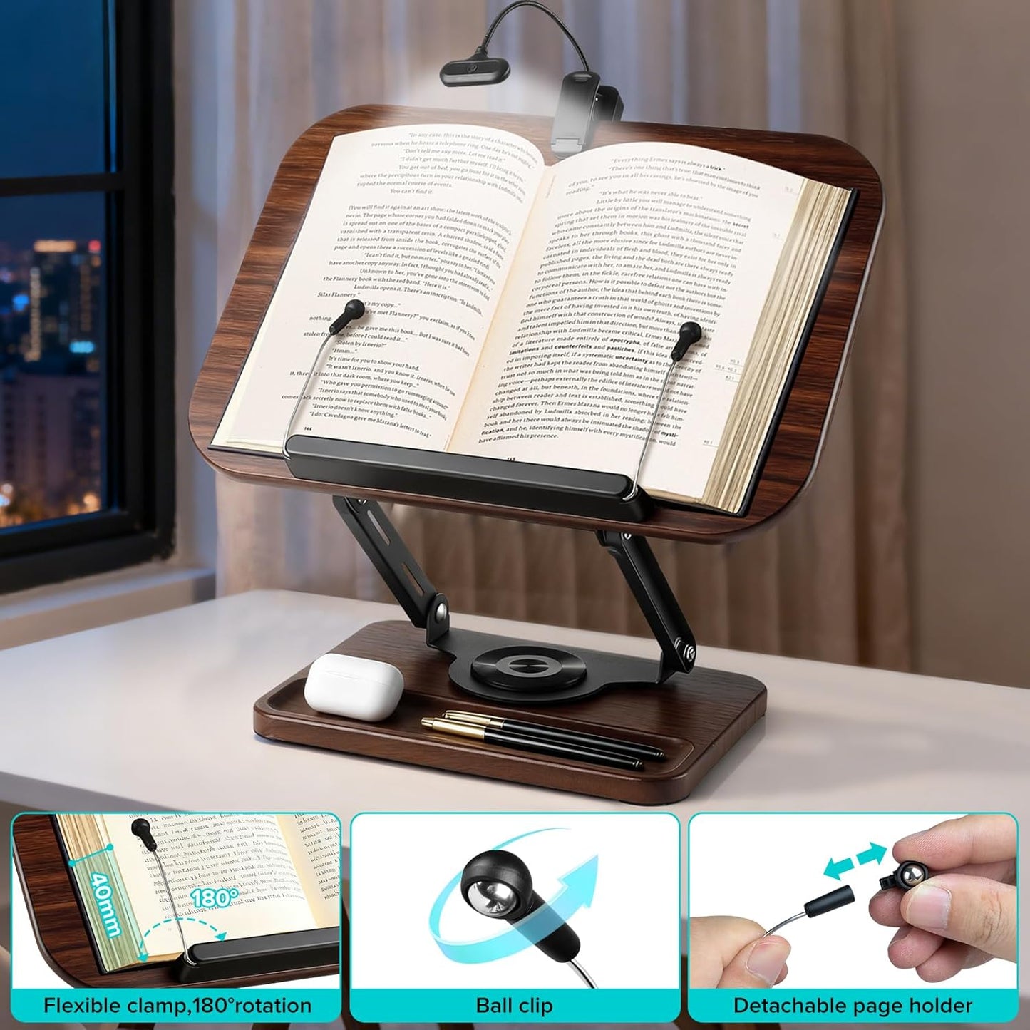 Book Stand with Light & Storage, Book Holders for Reading Hands Free, Wooden Cookbook Stand with Adjustable Height & 360 °Angle for Recipe,Magazine,Laptop,Tablet, Bible