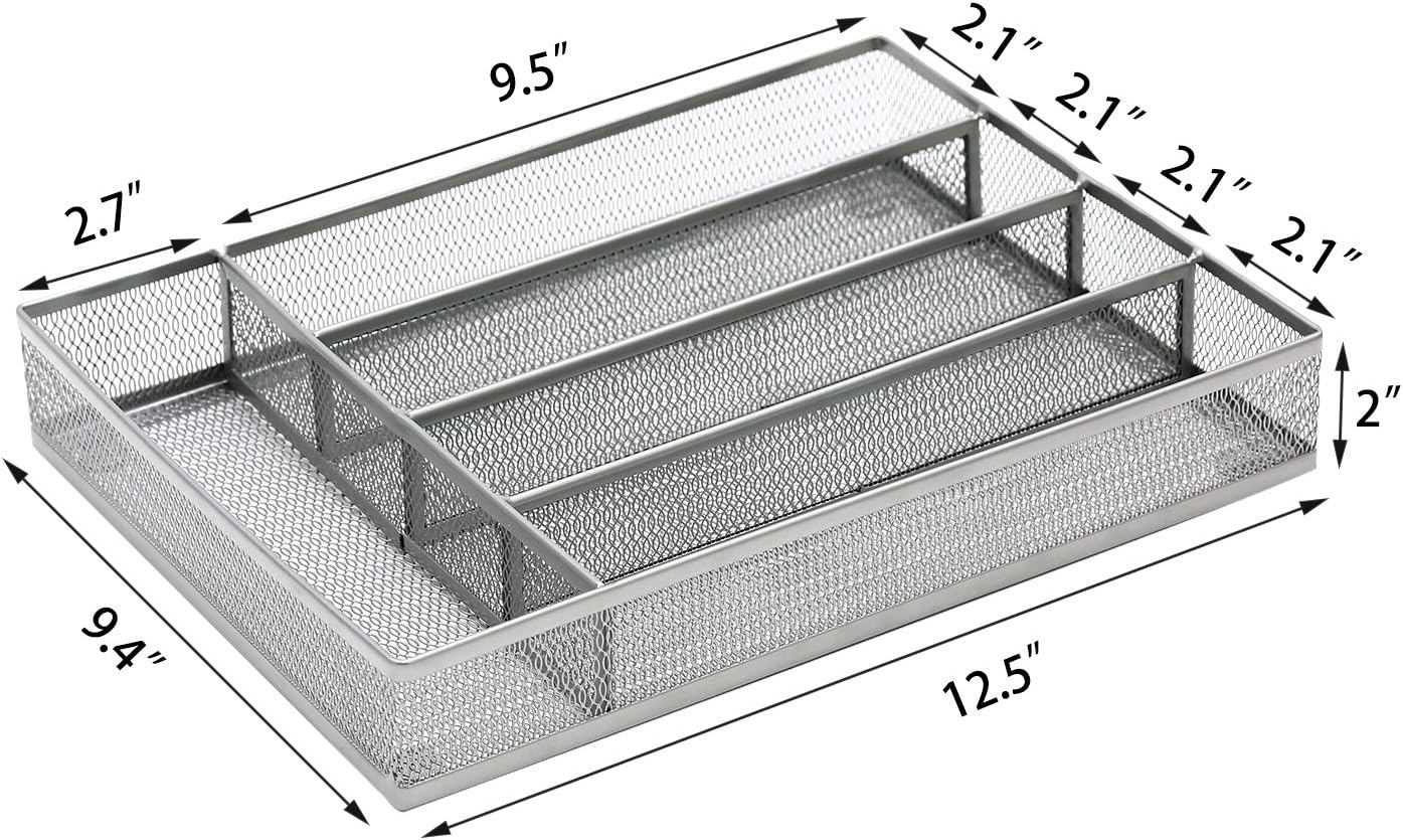 JANE EYRE Utensil Drawer Organizer, Cutlery Tray Silverware Flatware Storage Divider for Kitchen, Mesh Wire with Non-slip Foam Feet, 5 Component, Black