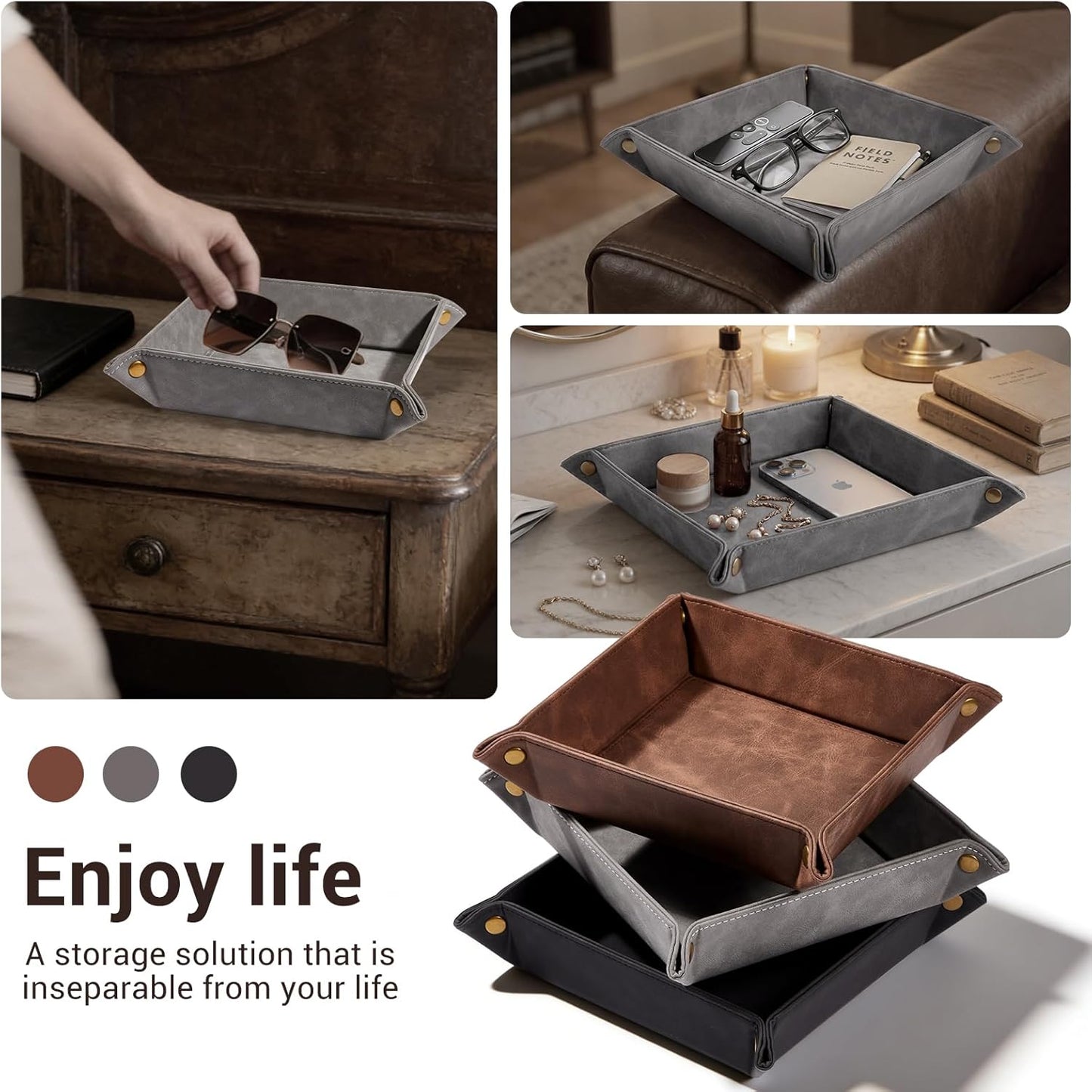CoBak Leather Valet Tray for Men, Premium PU Leather Catch-All Tray for Entryway Table Key, Phone, Wallet, Coins & Jewelry, Bedside Nightstand Desk-top Catchall (Gray)