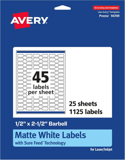 Avery Matte White Barbell Labels, Sure Feed Technology, 0.5" x 2.5", 1,125 White Labels, Permanent Adhesive, Laser/Inkjet Printable