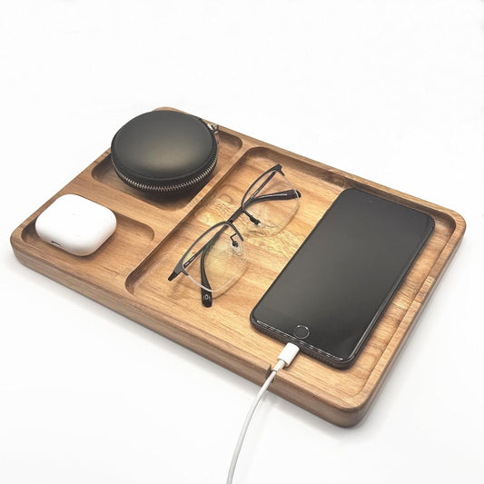 Wooden Valet Tray for Men Women - 11.4 in EDC Tray Wood Desk Organizer for Storage Keys, Phone, Wallet, Headphones, Watch, Earbuds, Jewelry