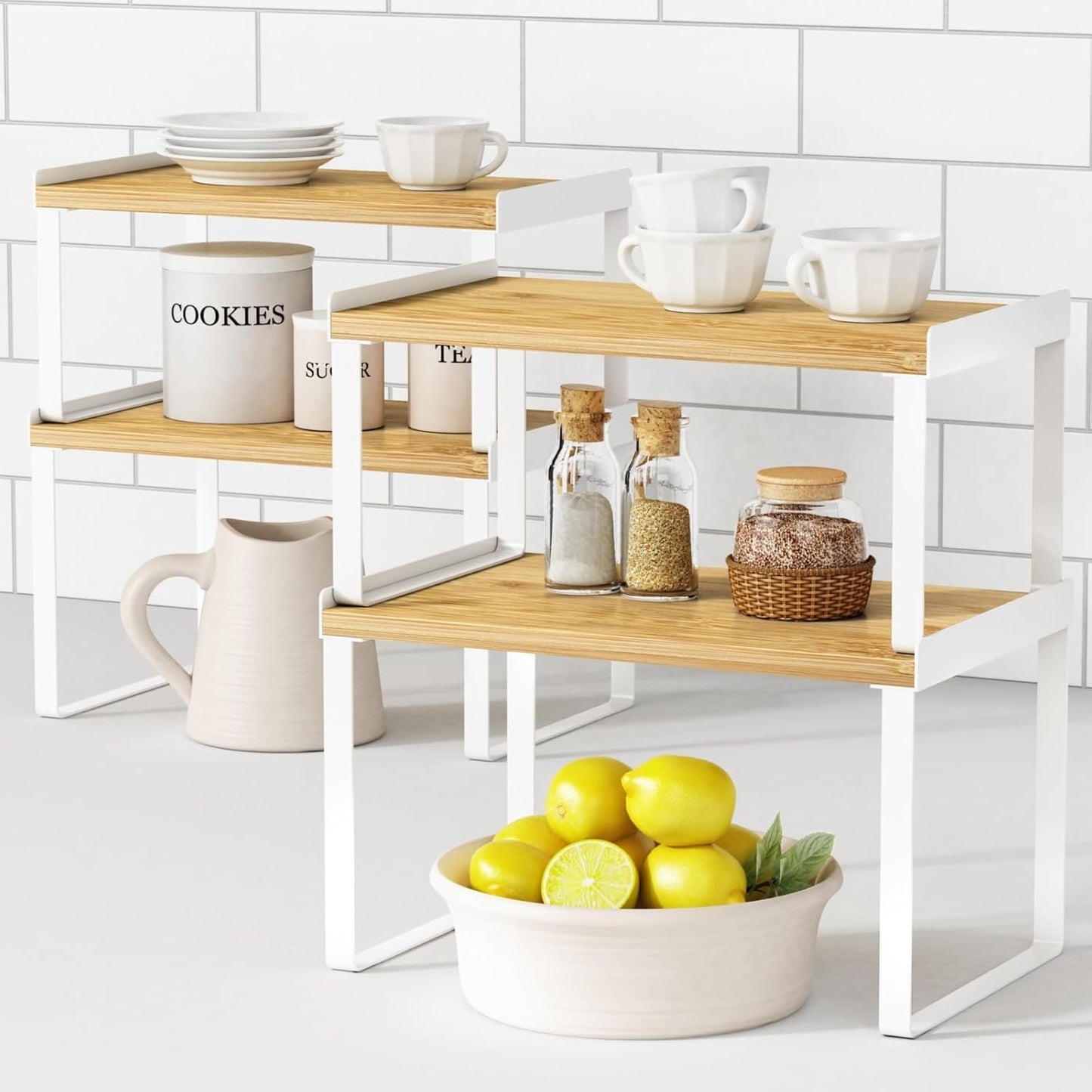 Goozii Kitchen Cabinet Organizer Shelf Set of 4, Large Stackable Pantry Cupboard Countertop Storage and Organizer, Desk Shelf Riser, Spice Plate Cup Expandable Storage Rack (Bamboo White)