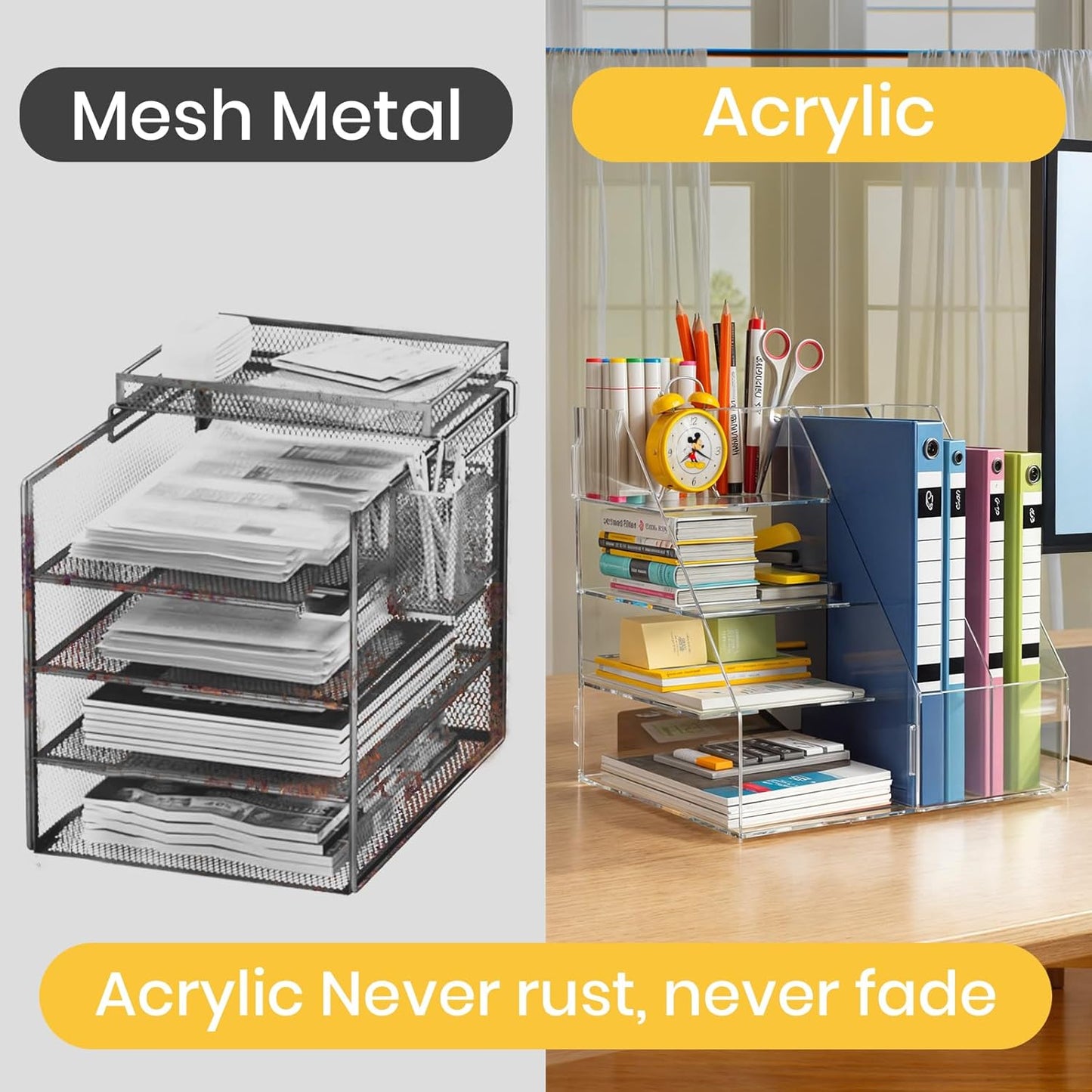 BONIER Acrylic Desk Organizer, 4-Tier Paper Tray and Mail Sorter, 2-Tier Magazine Rack, Document Storage and Accessories Holder for Home, Office, and Classroom Use