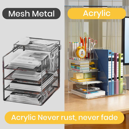 BONIER Acrylic Desk Organizer, 4-Tier Paper Tray and Mail Sorter, 2-Tier Magazine Rack, Document Storage and Accessories Holder for Home, Office, and Classroom Use