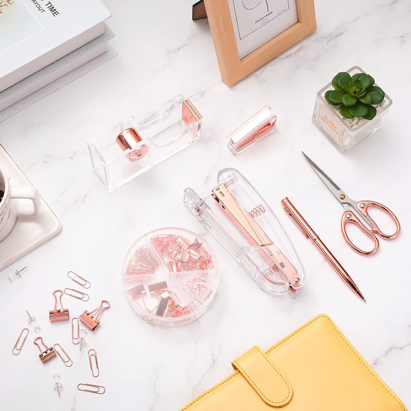 Office Supplies Set Desk Accessory Kit, Acrylic Stapler Set Staple Remover, Tape Dispenser, Binder Clips, Paper Clips, Ballpoint Pen and Scissor with 1000 Pieces 26/6 Staples (Silver)