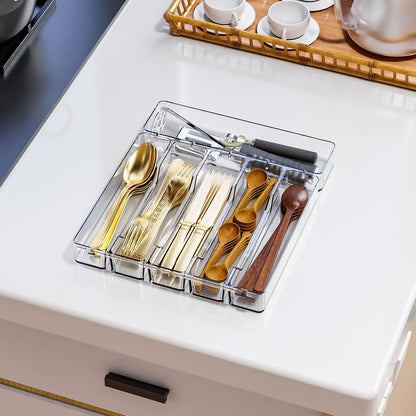 Clear Silverware Organizer for Kitchen Drawers,BPA Free Cutlery Drawer Organizer,6 Slots Plastic Utensils Organizer Suitable as In-Drawer Silverware Holder and Tray,Flatware,Knife,Fork,Spoon Organizer