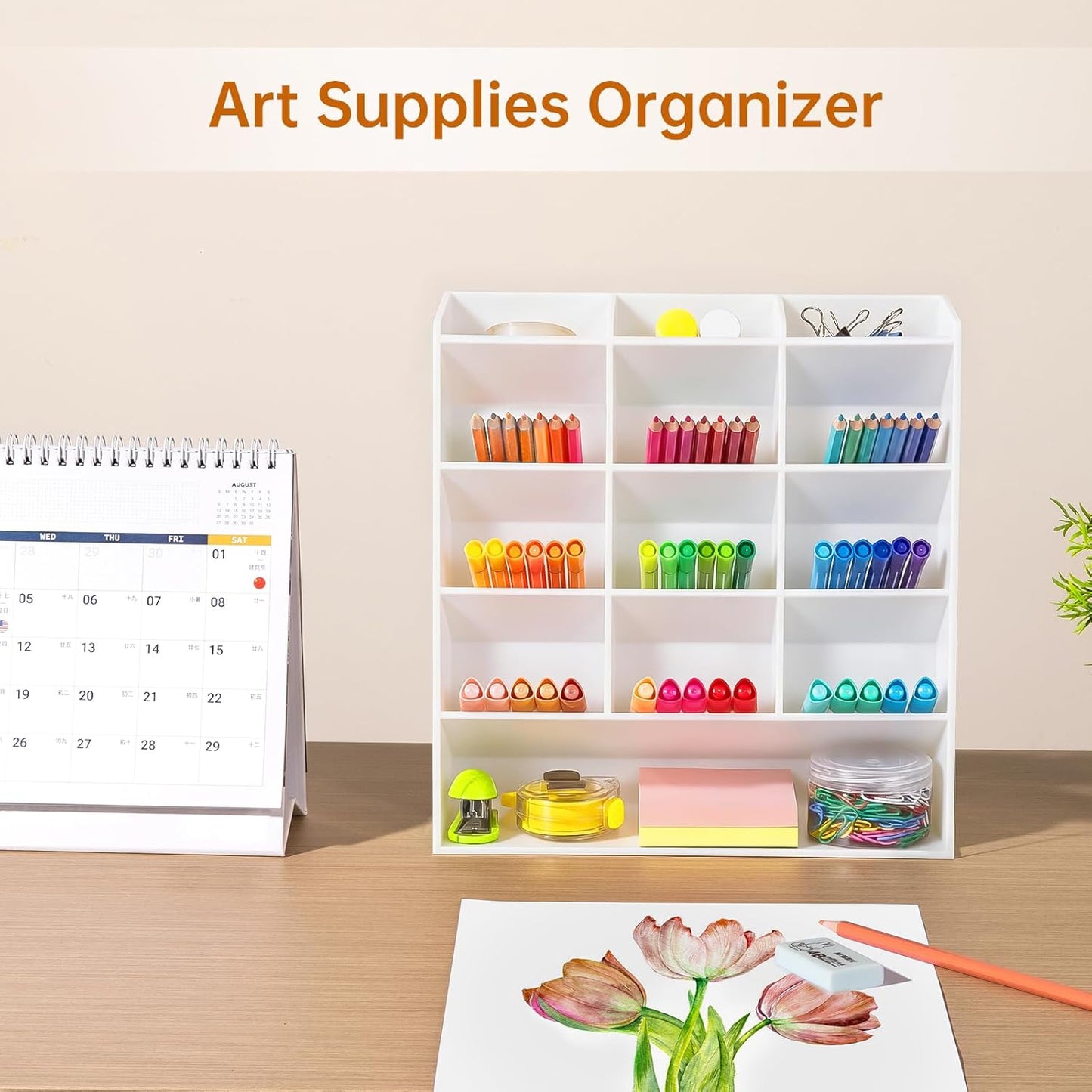 BEYGORM Acrylic Vertical Marker Organizer for 150 Markers with 13 Compartments, Clear Angled Pen & Pencil Holder, Large Desk Stationery & Art Supply Storage for Office & School (10.2 x 9.8 x 4 Inch)