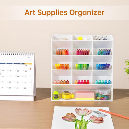 BEYGORM Acrylic Vertical Marker Organizer for 150 Markers with 13 Compartments, Clear Angled Pen & Pencil Holder, Large Desk Stationery & Art Supply Storage for Office & School (10.2 x 9.8 x 4 Inch)