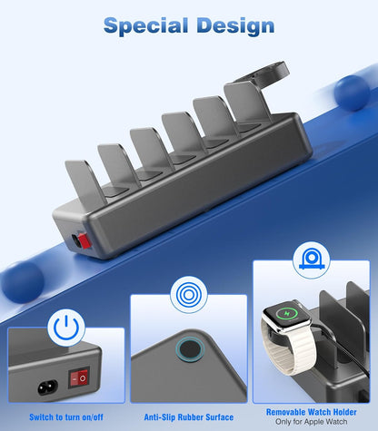 CREATIVE DESIGN Charging Station for Multiple Devices, 50W 6 Ports Charging Dock with 6 Cables Compatible with Cellphone,Tablet, Kindle, Apple Watch and Other Electronic