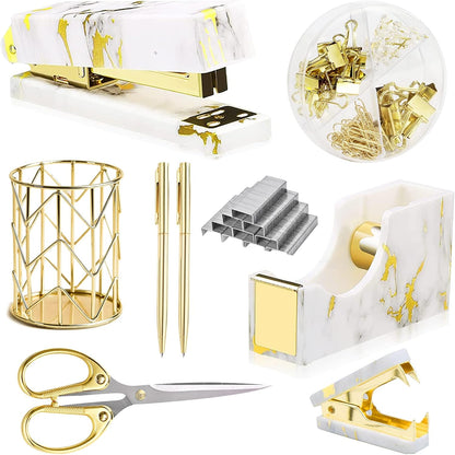 Famassi Rose Gold Desk Accessories，Office Supplies Set Acrylic Stapler Set Staple Remover, Tape Holder, 2 Ballpoint Pen, Scissor, Binder/Paper Clips and 1000pcs Staples.