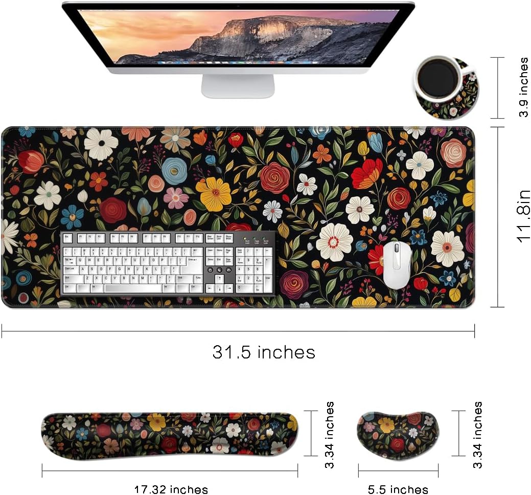 MIBITRI Keyboard Mouse Pad Set, Extended Gaming Mouse Pad+Ergonomics Keyboard Wrist Rest Support, Memory Foam, Easy Typing Pain Relief, 4Pcs XXL Ultra Thick Desk Mat, Enchanted Bookshelf