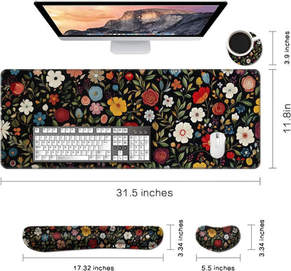 MIBITRI Keyboard Mouse Pad Set, Extended Gaming Mouse Pad+Ergonomics Keyboard Wrist Rest Support, Memory Foam, Easy Typing Pain Relief, 4Pcs XXL Ultra Thick Desk Mat, Enchanted Bookshelf