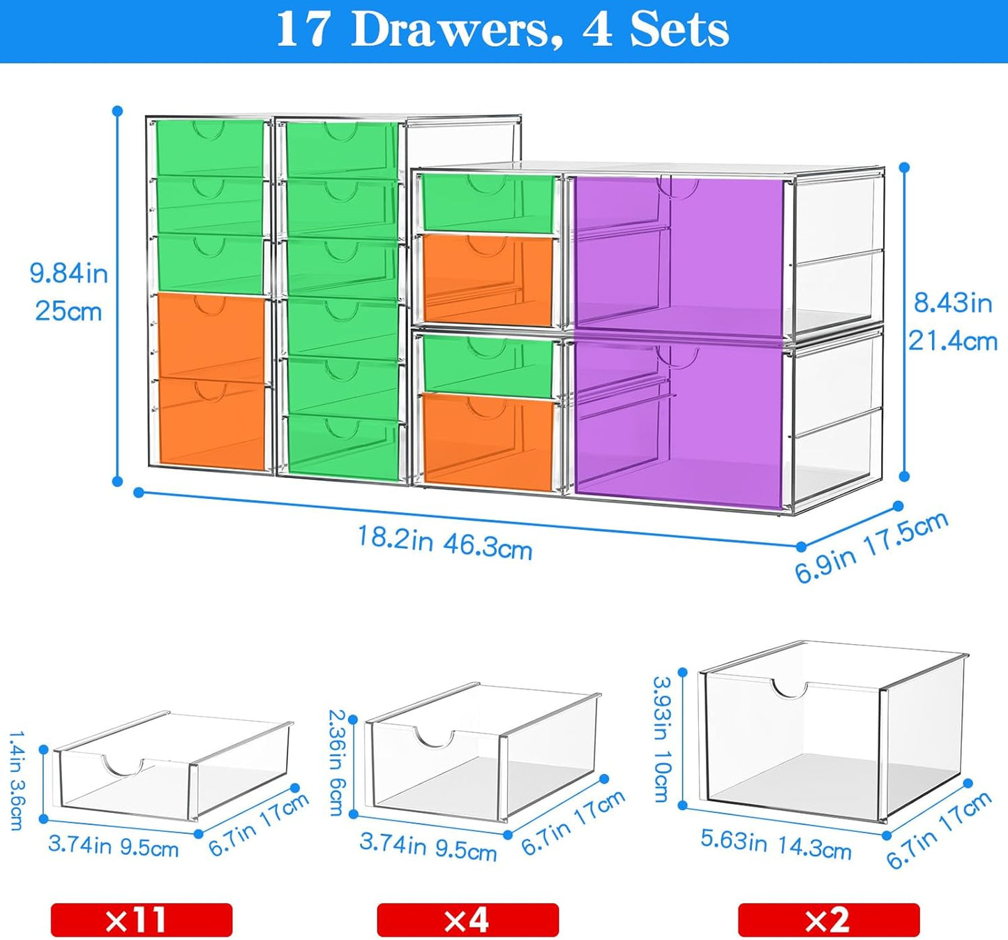 ARSTPEOE Makeup Acrylic Organizer with 17 Drawers(4 Sets), Desk Organizers and Accessories, Clear Makeup Organizer, Dustproof Storage Drawers for Office Art Craft Supplies