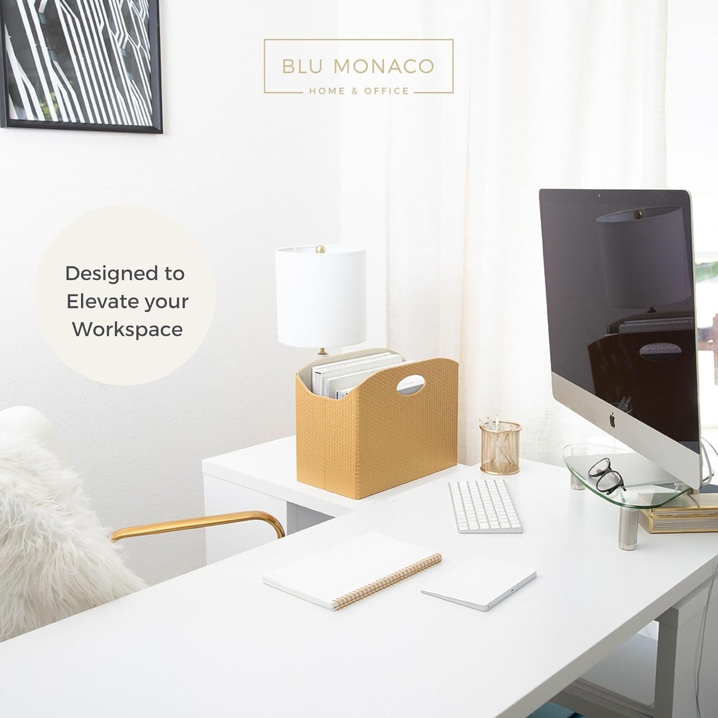 BLU MONACO Brown Woven Leather Magazine Holder Basket with Handles | Vertical File Organizer for Desk | File Folder Storage Bin for Office, Living Room or Bathroom