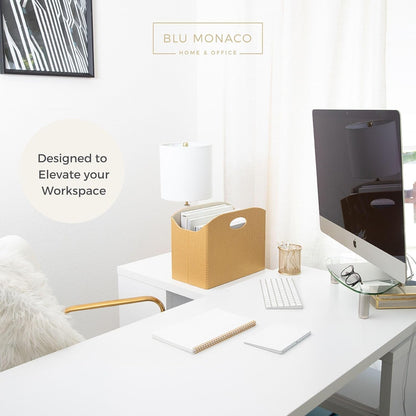 BLU MONACO Brown Woven Leather Magazine Holder Basket with Handles | Vertical File Organizer for Desk | File Folder Storage Bin for Office, Living Room or Bathroom