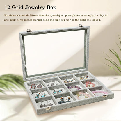 Stratalife Jewelry Organizer Bracelet Organizer Storage Box 12 Grid Stackable Jewelry Tray with Lid Velvet Jewelry Box for Drawer Necklace Bracelet Display Storage Organizer Box (Beige)