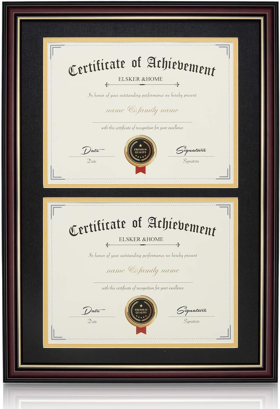 ELSKER&HOME Diploma Frame - Wide Solid Wood Frame - Black Velvet Golden Rim Mat - Semi-Tempered Glass - Includes Hanging Hardware and Desktop Easel(ONLY Display 11×14 Document/Certificate)