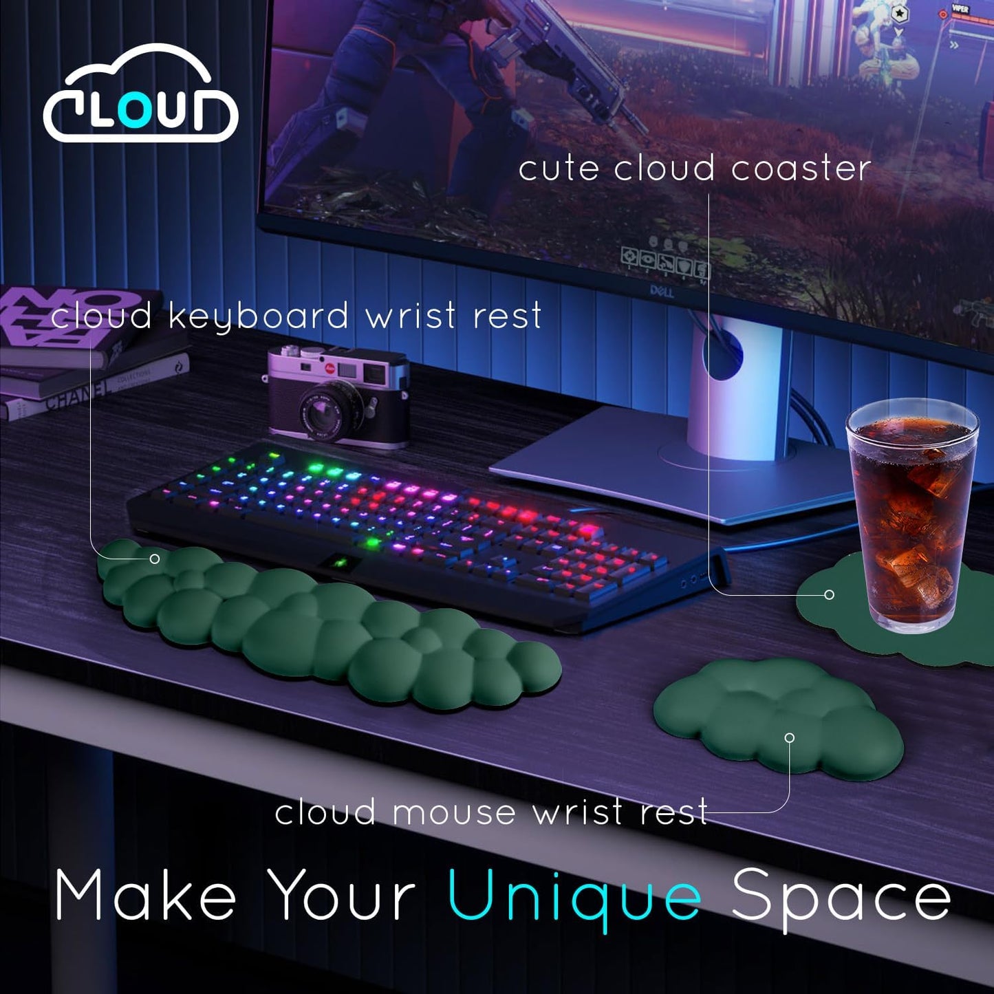 Cloud Wrist Rest for Computer Keyboard Arm Wrist Rest with Non-Slip Base Extended Wrist Rest Ergonomic Memory Foam for Keyboard and Mouse Typing Pain Relief, Office, Gaming, Computer