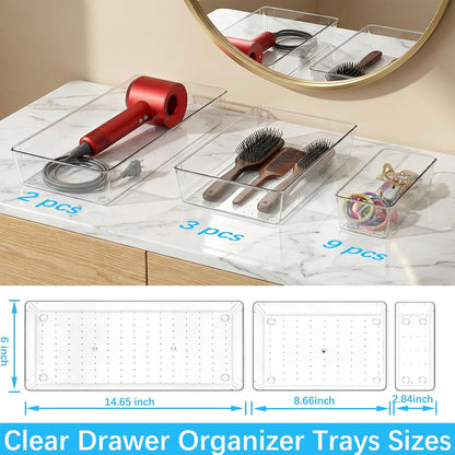 Manalete 4 Pack 15"x6" Extra Large Clear Plastic Drawer Organizer Trays, Multi-Purpose Storage Bins for Vanity, Makeup, Kitchen Utensils, Bathroom, Office Desk, Auto Tools & Craft Supplies
