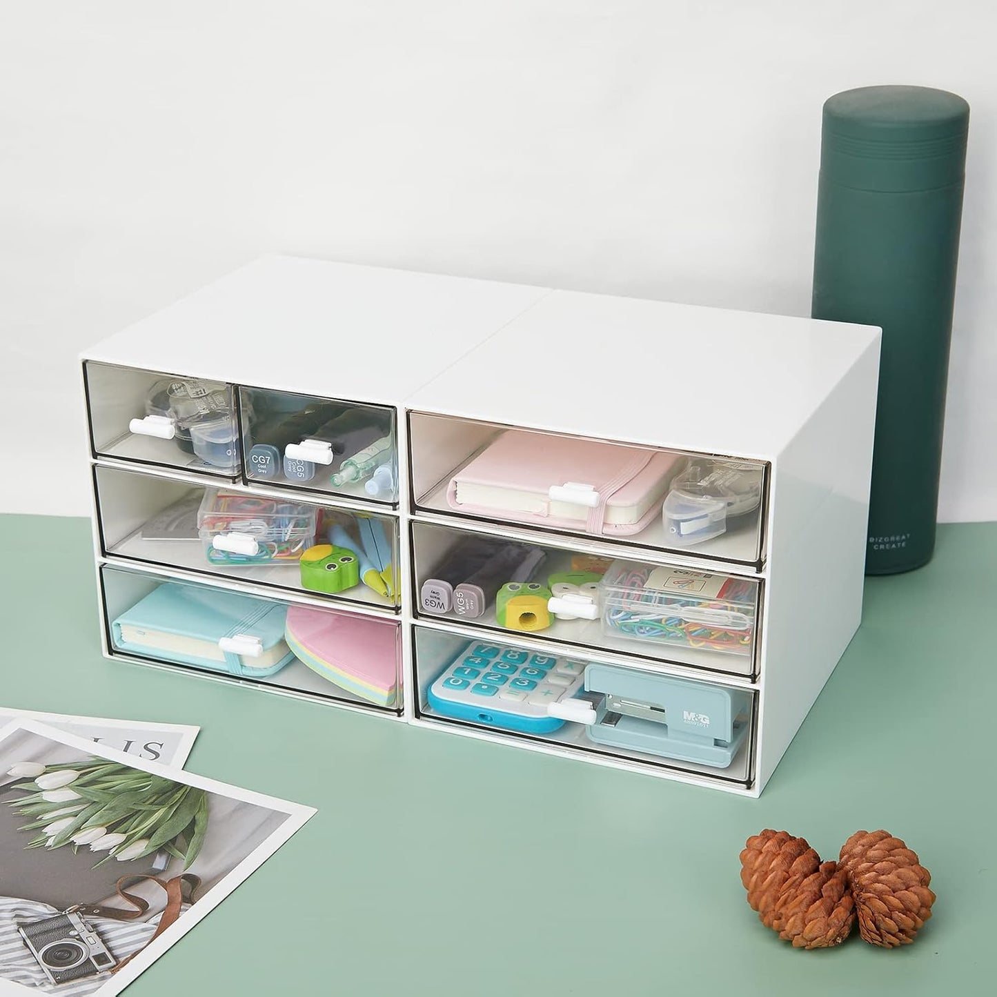 Desk Organizer with 4 Drawers, Clear Plastic Desk Storage Box, Desktop Organization for Office Supplies, Gel Pens, Pencils, Markers, Tape, Erasers, Paperclips, Chargers (White-4 Draws)